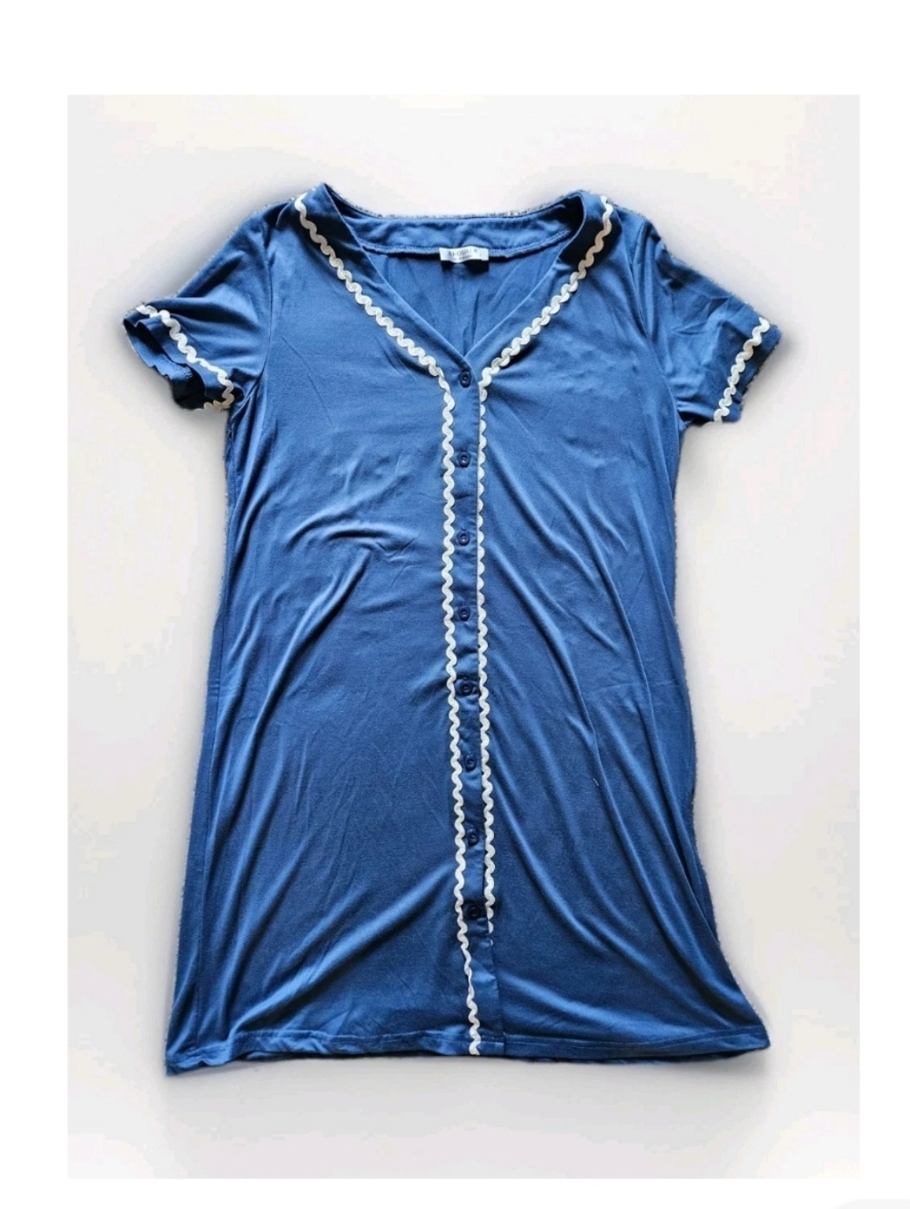 Blue Short-Sleeve Nightgown with White Trim